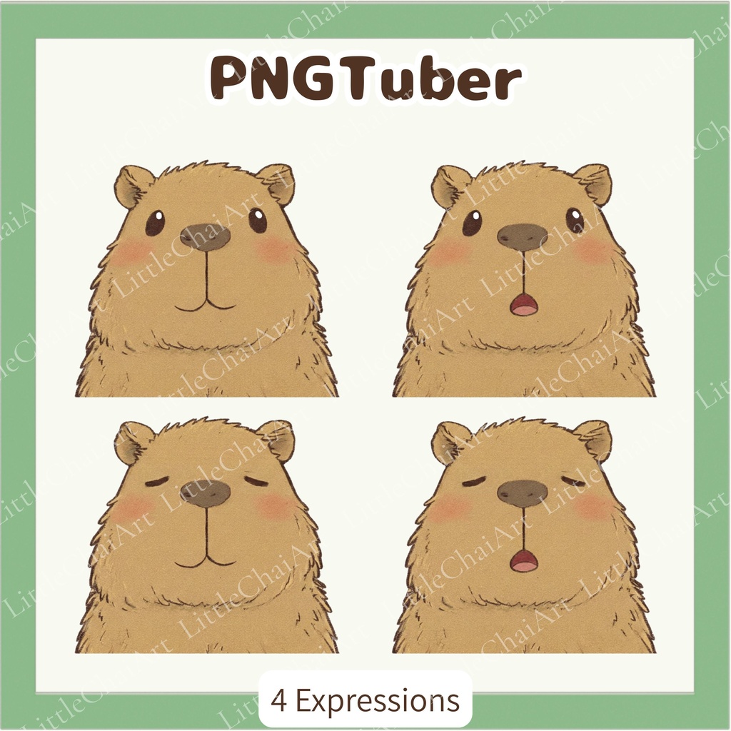Veadotube対応 ゆるかわカピバラ PNGTuber素材 - 4表情セット / Capybara PNGTuber