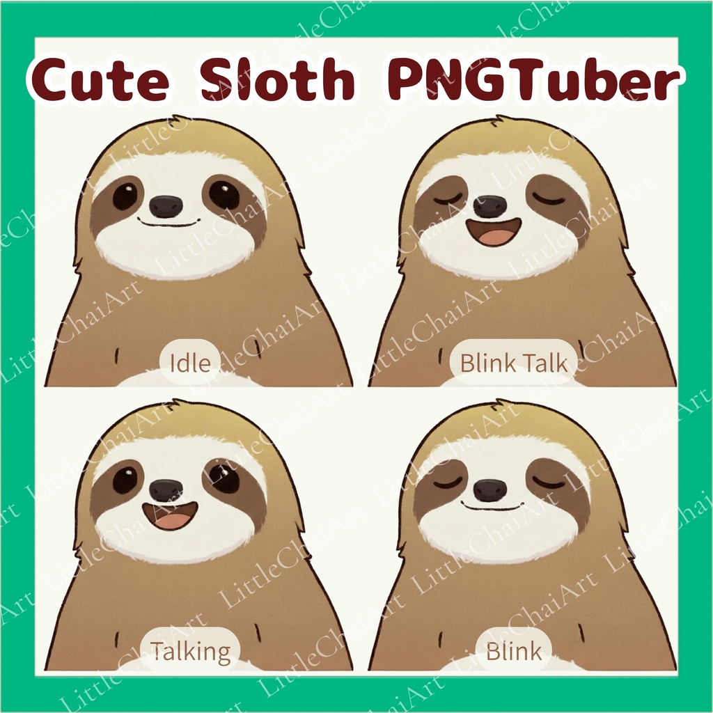 Veadotube対応 ゆるかわナマケモノ PNGTuber素材 - 4表情セット / Sloth PNGTuber
