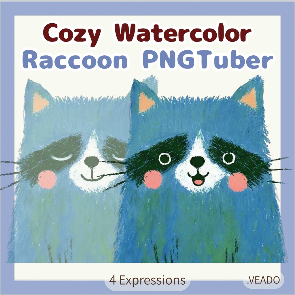 Veadotube対応 絵本風アライグマ PNGTuber素材 - 4表情セット / Watercolor Raccoon PNGTuber