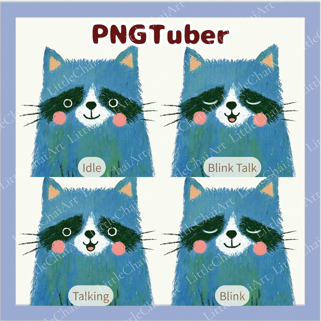 Veadotube対応 絵本風アライグマ PNGTuber素材 - 4表情セット / Watercolor Raccoon PNGTuber