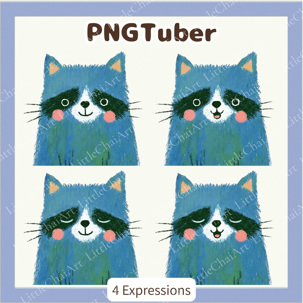 Veadotube対応 絵本風アライグマ PNGTuber素材 - 4表情セット / Watercolor Raccoon PNGTuber