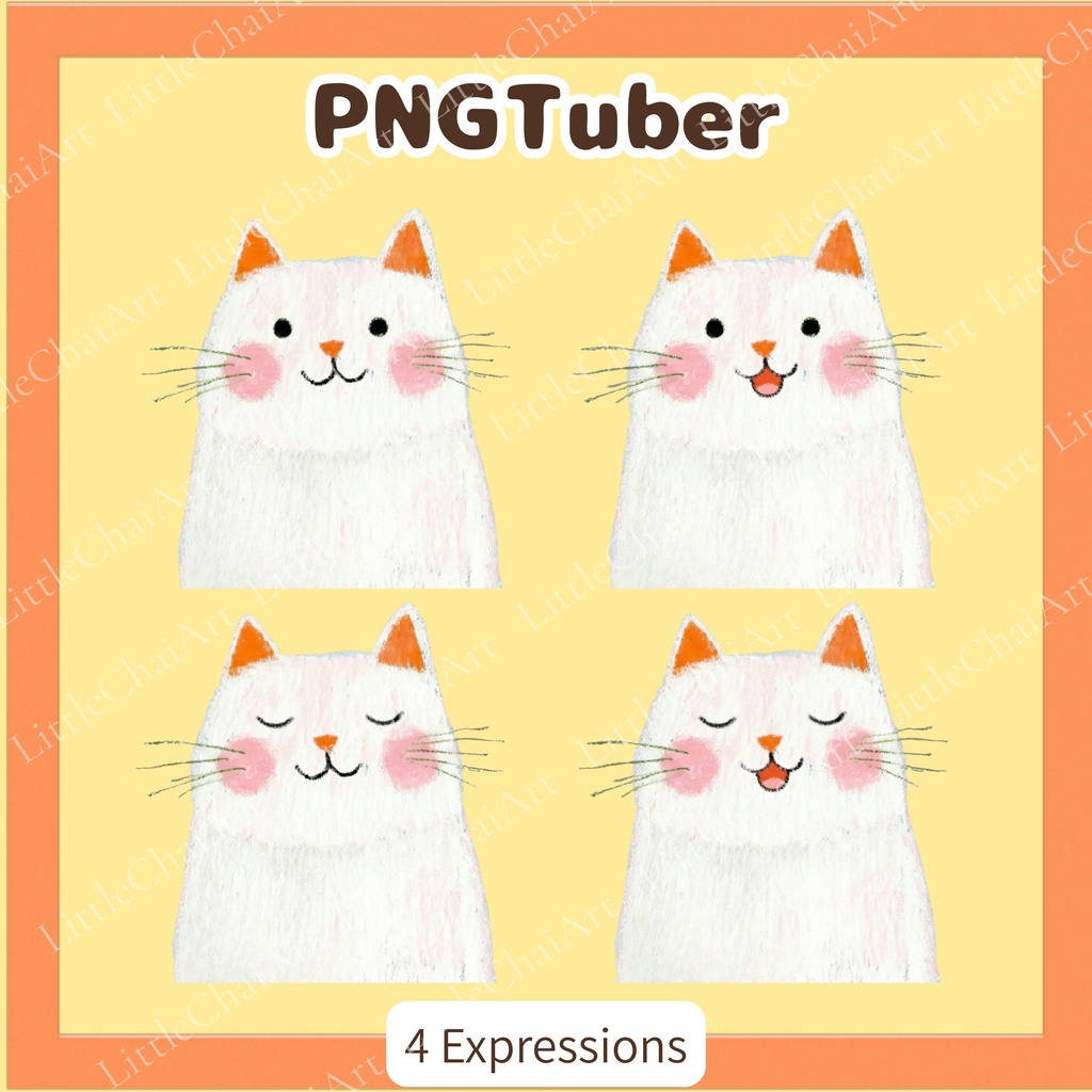 Veadotube対応 絵本風白猫 PNGTuber素材 - 4表情セット / Watercolor White Cat PNGTuber