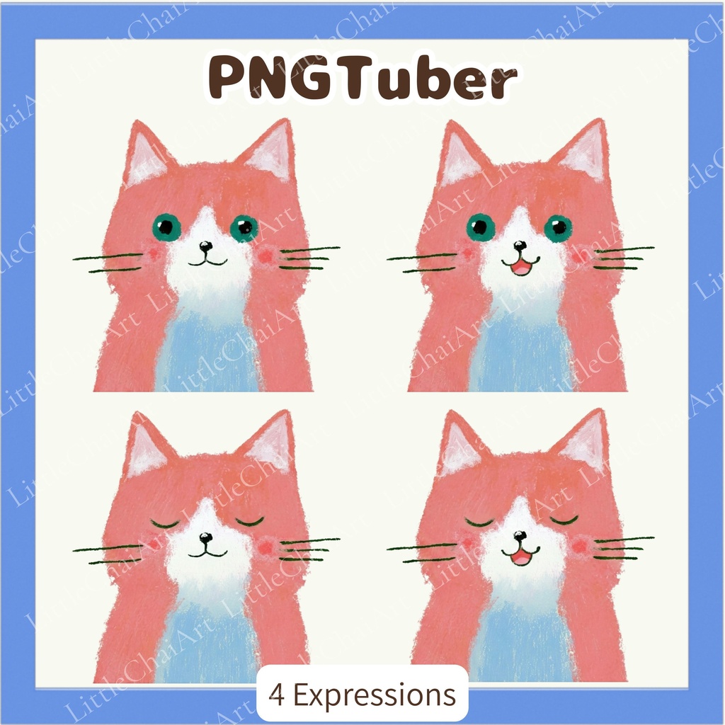 Veadotube対応 絵本風ピンク猫 PNGTuber素材 - 4表情セット / Watercolor Pink Cat PNGTuber