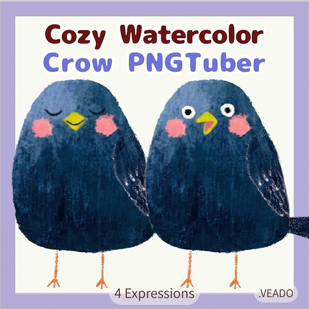 Veadotube対応 絵本風カラス PNGTuber素材 - 4表情セット / Watercolor Crow PNGTuber
