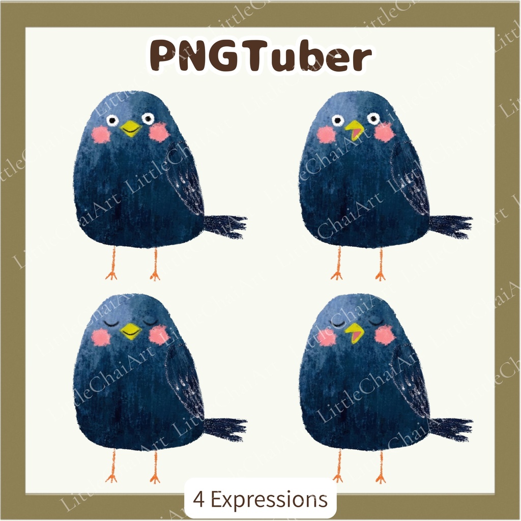 Veadotube対応 絵本風カラス PNGTuber素材 - 4表情セット / Watercolor Crow PNGTuber