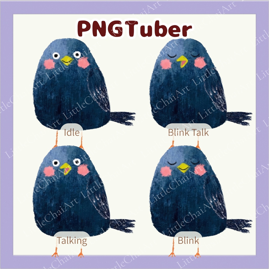 Veadotube対応 絵本風カラス PNGTuber素材 - 4表情セット / Watercolor Crow PNGTuber