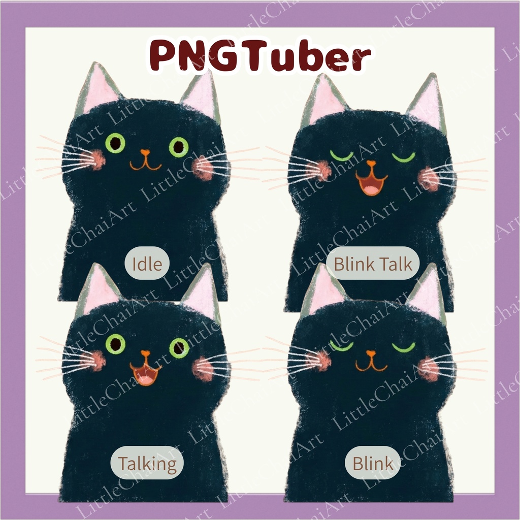 Veadotube対応 絵本風黒猫 PNGTuber素材 - 4表情セット / Watercolor Black Cat PNGTuber