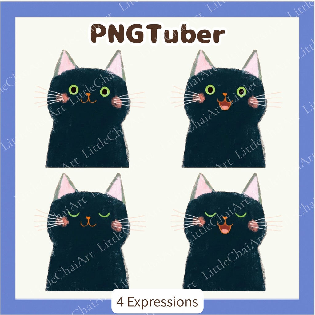 Veadotube対応 絵本風黒猫 PNGTuber素材 - 4表情セット / Watercolor Black Cat PNGTuber