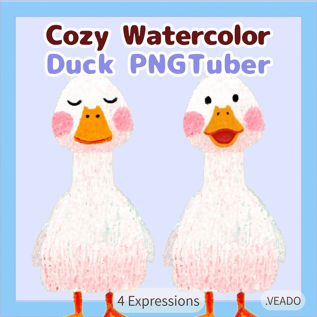 Veadotube対応 絵本風アヒル PNGTuber素材 - 4表情セット / Watercolor Duck PNGTuber