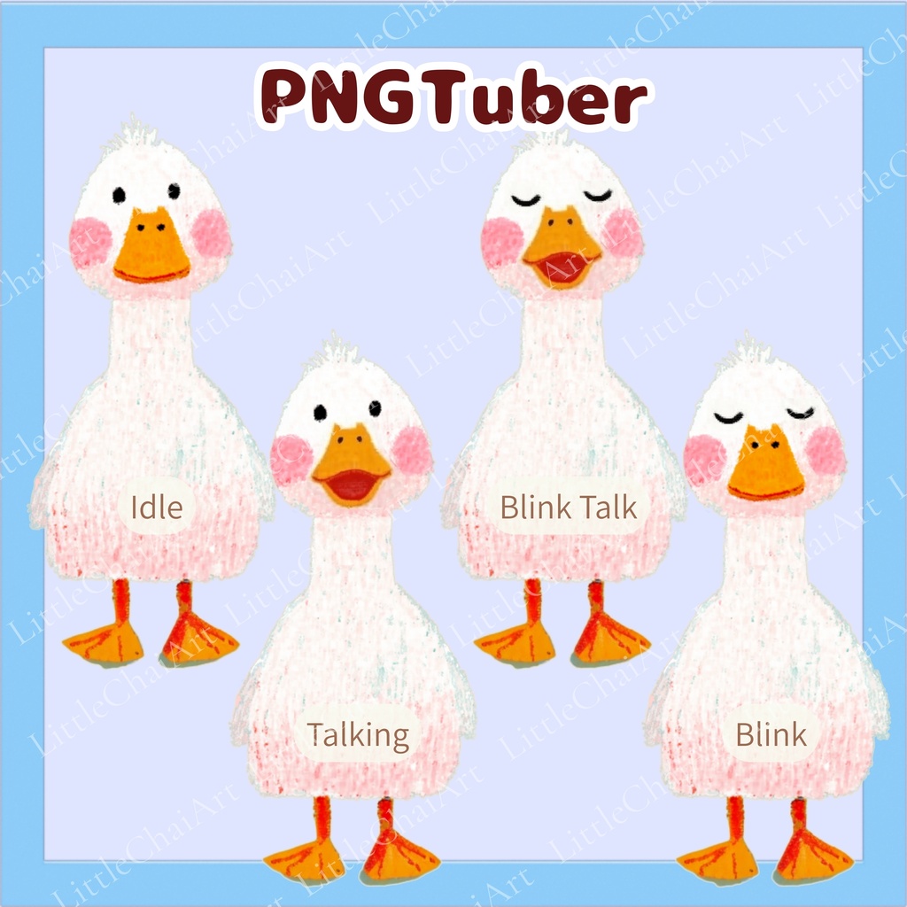 Veadotube対応 絵本風アヒル PNGTuber素材 - 4表情セット / Watercolor Duck PNGTuber