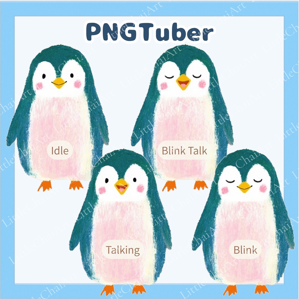 Veadotube対応 絵本風ペンギン PNGTuber素材 - 4表情セット / Watercolor Penguin PNGTuber