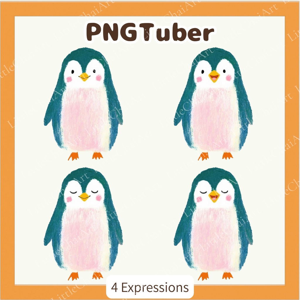 Veadotube対応 絵本風ペンギン PNGTuber素材 - 4表情セット / Watercolor Penguin PNGTuber