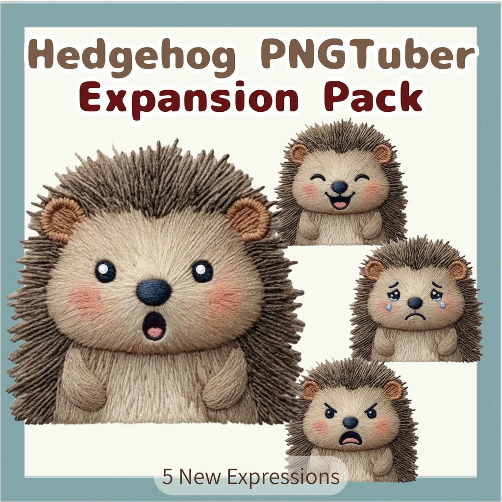 Veadotube対応 刺繍風 ハリネズミ PNGTuber追加パック - 5表情セット / Embroidery Hedgehog PNGTuber Expansion Pack