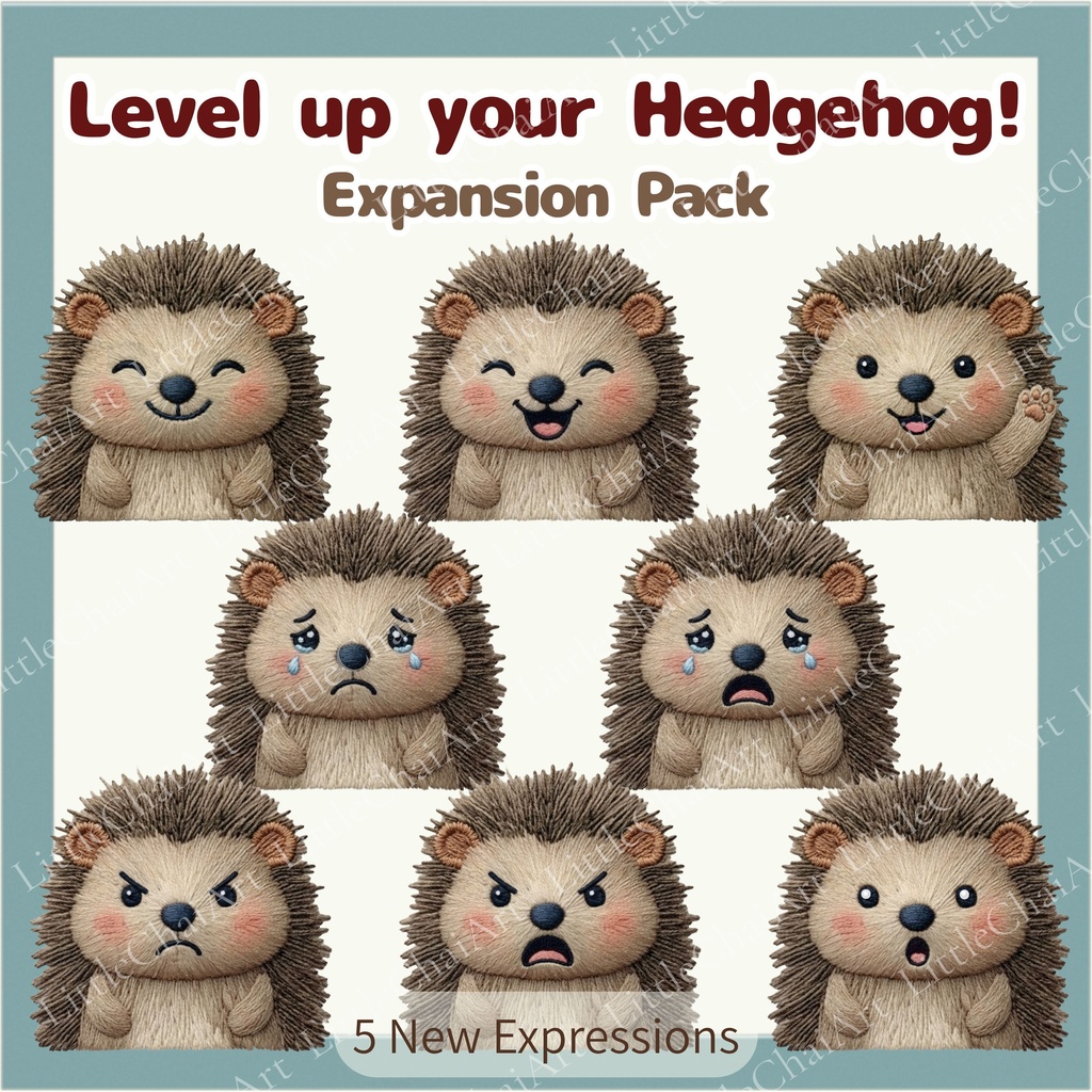 Veadotube対応 刺繍風 ハリネズミ PNGTuber追加パック - 5表情セット / Embroidery Hedgehog PNGTuber Expansion Pack