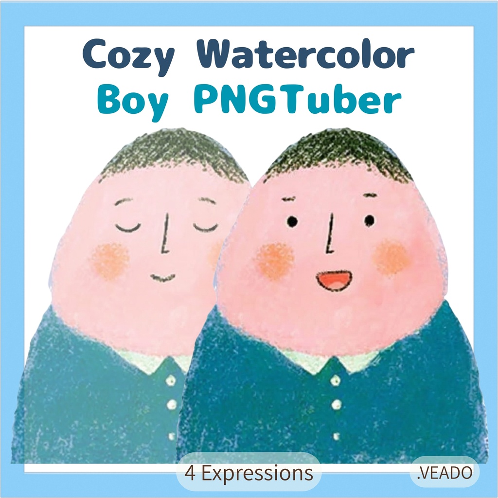 Veadotube対応 絵本風 男の子 PNGTuber素材 - 4表情セット / Boy PNG Tuber - Cute Kawaii Illustrated Avatar