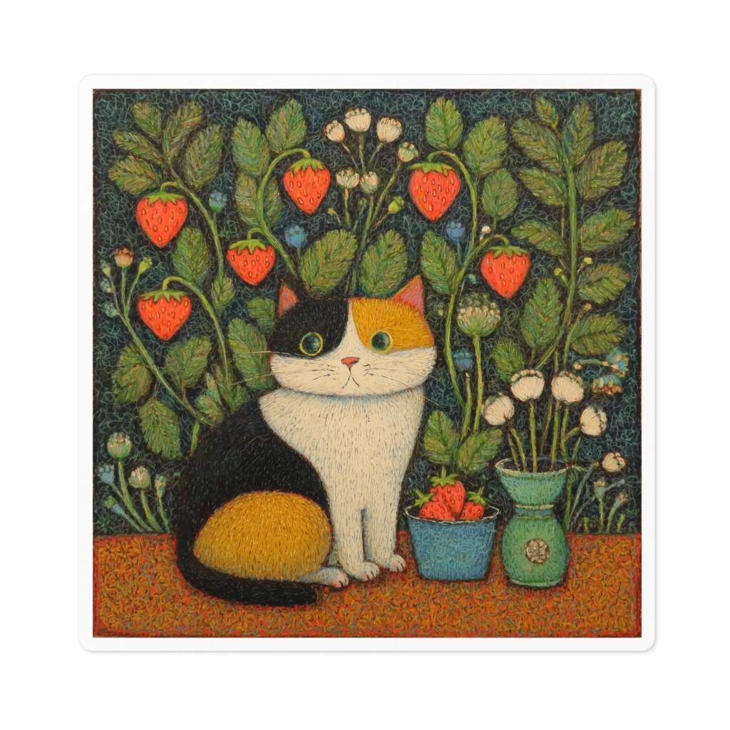 【ノスタルジック】三毛猫といちご - 10cmアートステッカー
