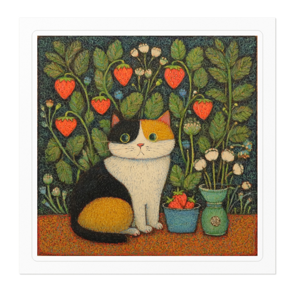 【ノスタルジック】三毛猫といちご - 10cmアートステッカー