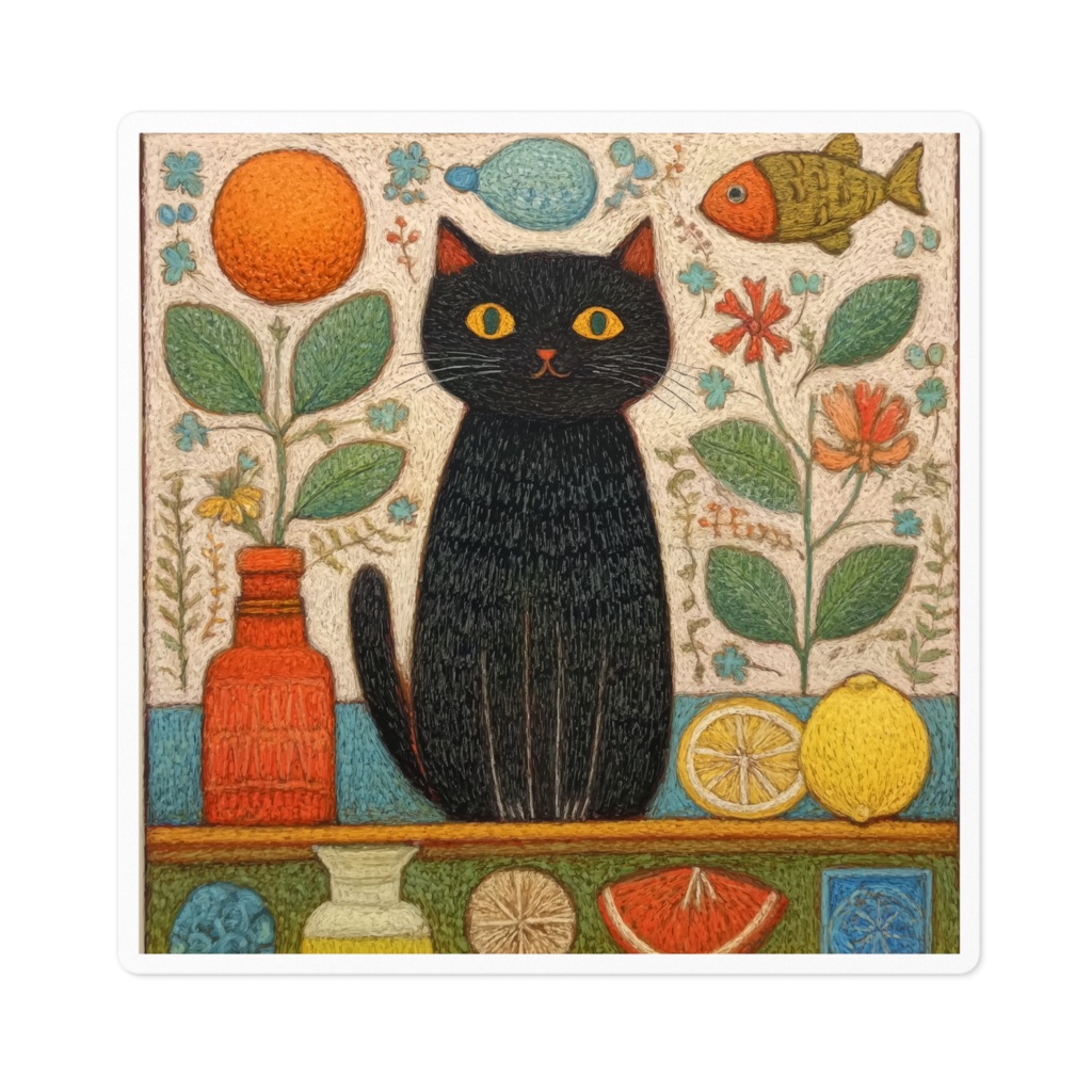 【ノスタルジック】黒猫とレモン - 10cmアートステッカー
