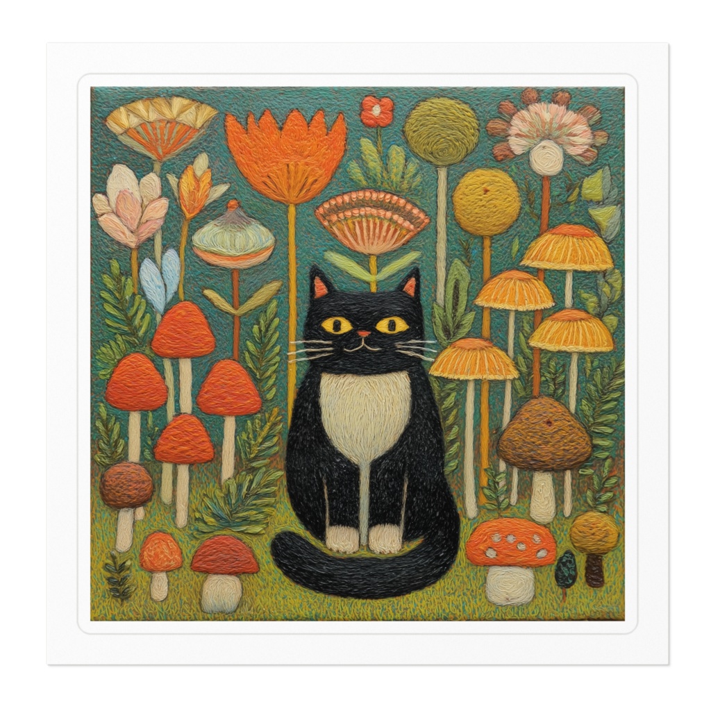 【ノスタルジック】猫とキノコの森 - 10cmアートステッカー