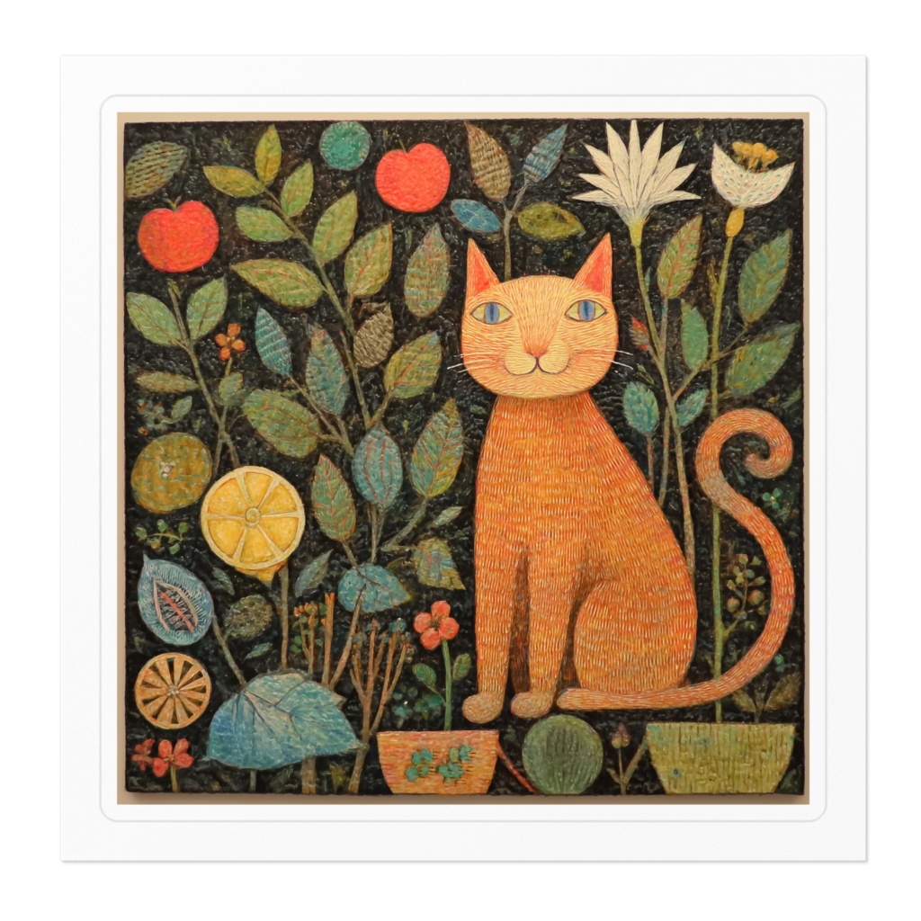 【ノスタルジック】オレンジ色の猫と植物 - 10cmアートステッカー