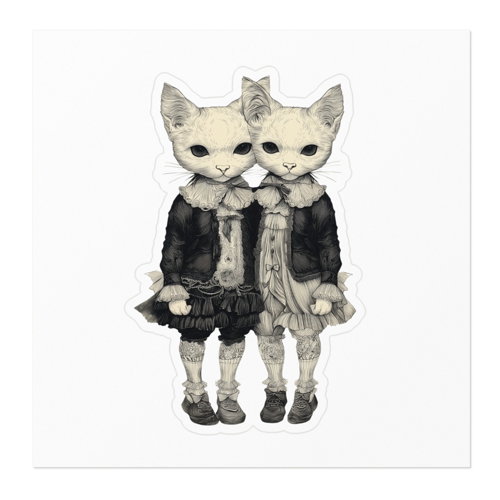 【ゴシック】双子猫のヴィンテージ・インクアート - 10cmステッカー