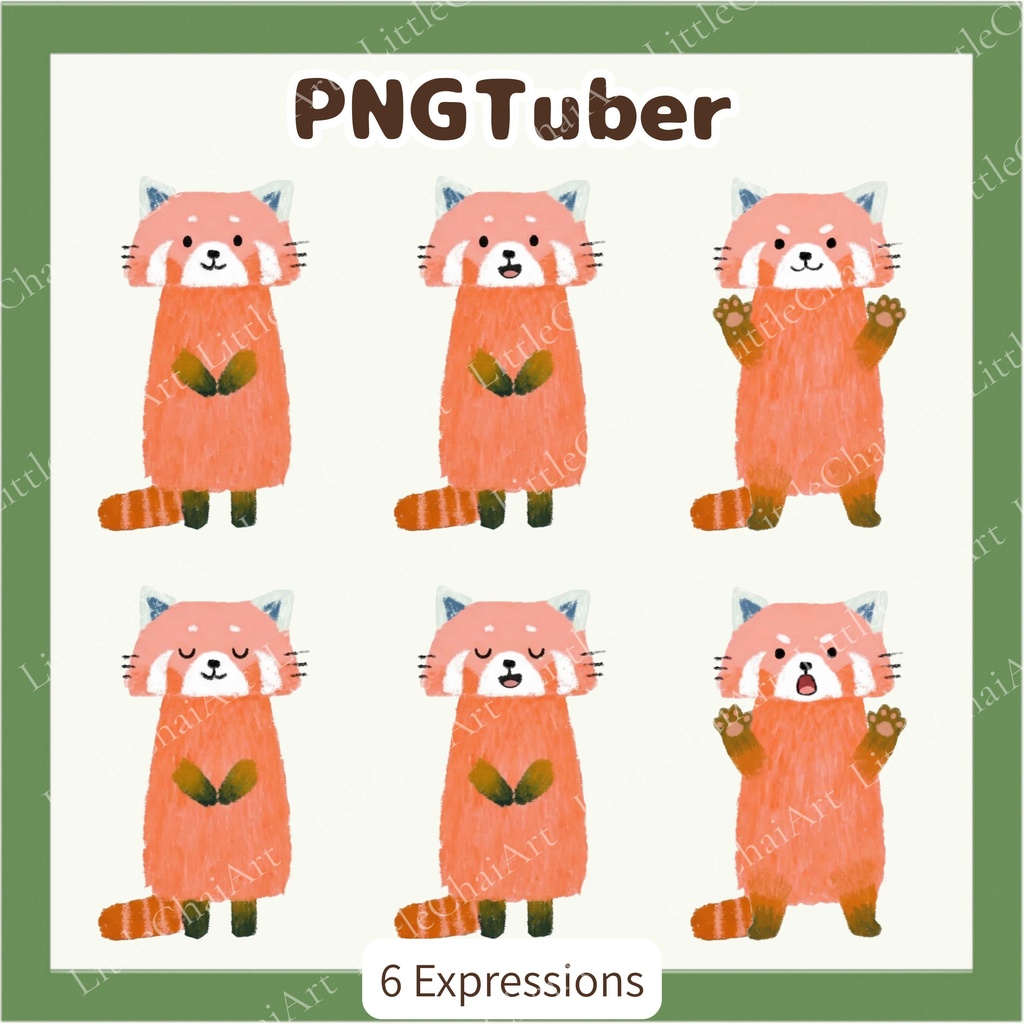 Veadotube対応 絵本風 レッサーパンダ PNGTuber素材 - 6表情セット / Red Panda PNGTuber - Cute Kawaii Avatar