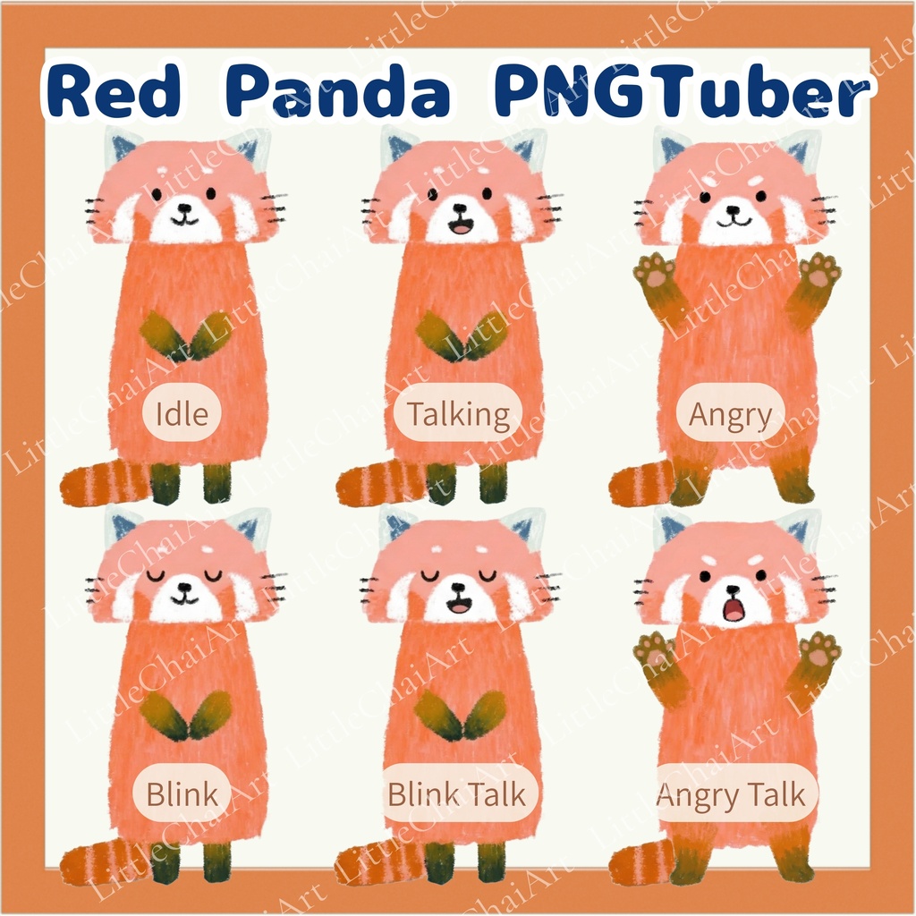 Veadotube対応 絵本風 レッサーパンダ PNGTuber素材 - 6表情セット / Red Panda PNGTuber - Cute Kawaii Avatar