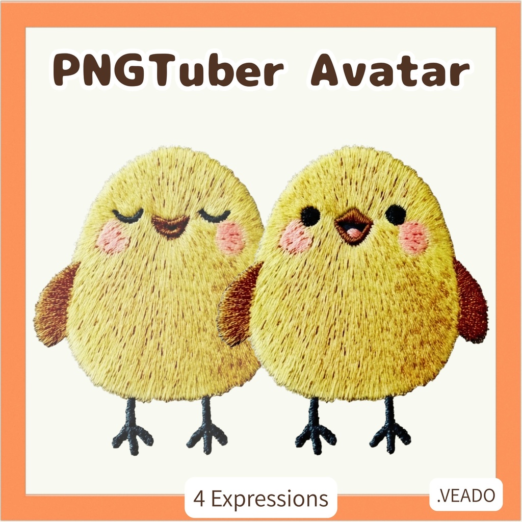Veadotube対応 刺繍風 ひよこ PNGTuber素材 - 4表情セット / Chick PNGTuber - Cute Kawaii Avatar