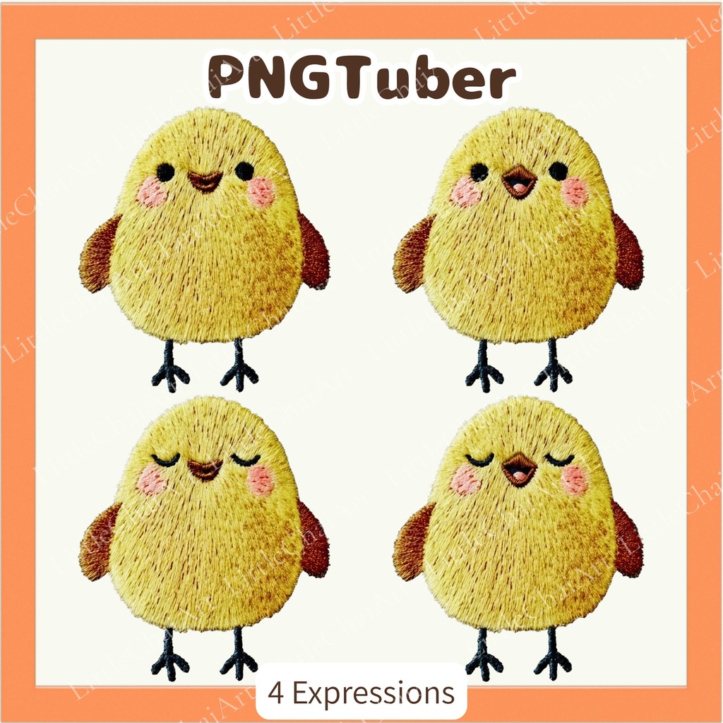 Veadotube対応 刺繍風 ひよこ PNGTuber素材 - 4表情セット / Chick PNGTuber - Cute Kawaii Avatar
