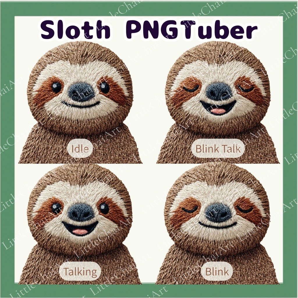 Veadotube対応 刺繍風 ナマケモノ PNGTuber素材 - 4表情セット / Sloth PNGTuber - Cute Kawaii Avatar