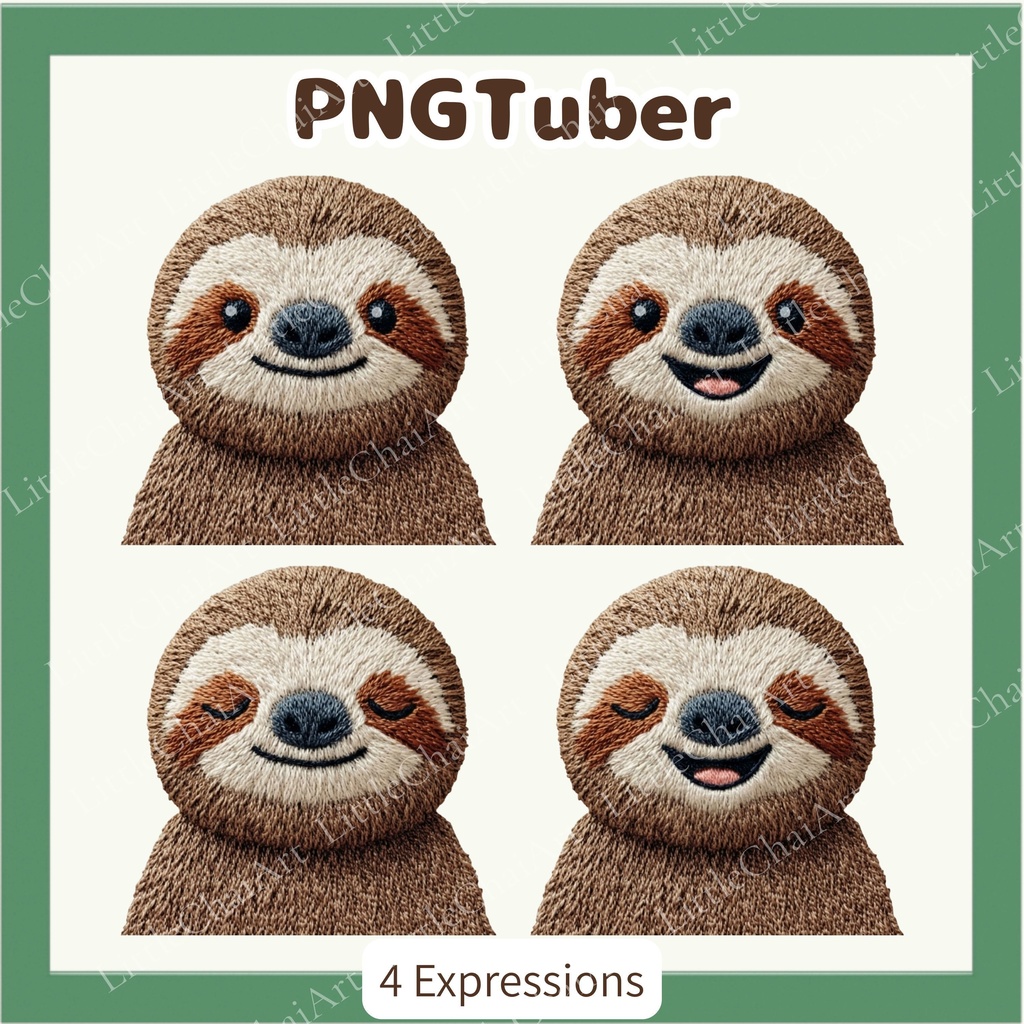 Veadotube対応 刺繍風 ナマケモノ PNGTuber素材 - 4表情セット / Sloth PNGTuber - Cute Kawaii Avatar