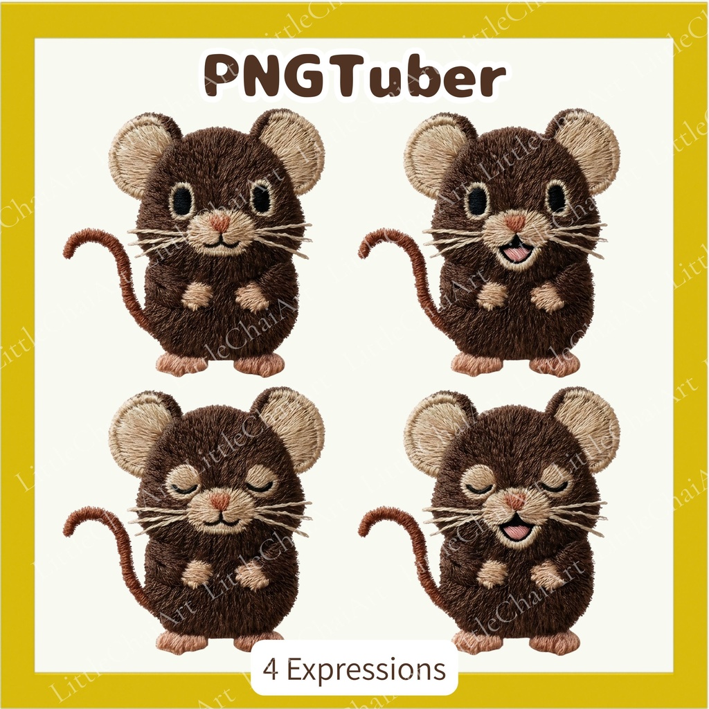 Veadotube対応 刺繍風 ネズミ PNGTuber素材 - 4表情セット / Mouse PNGTuber - Cute Kawaii Avatar
