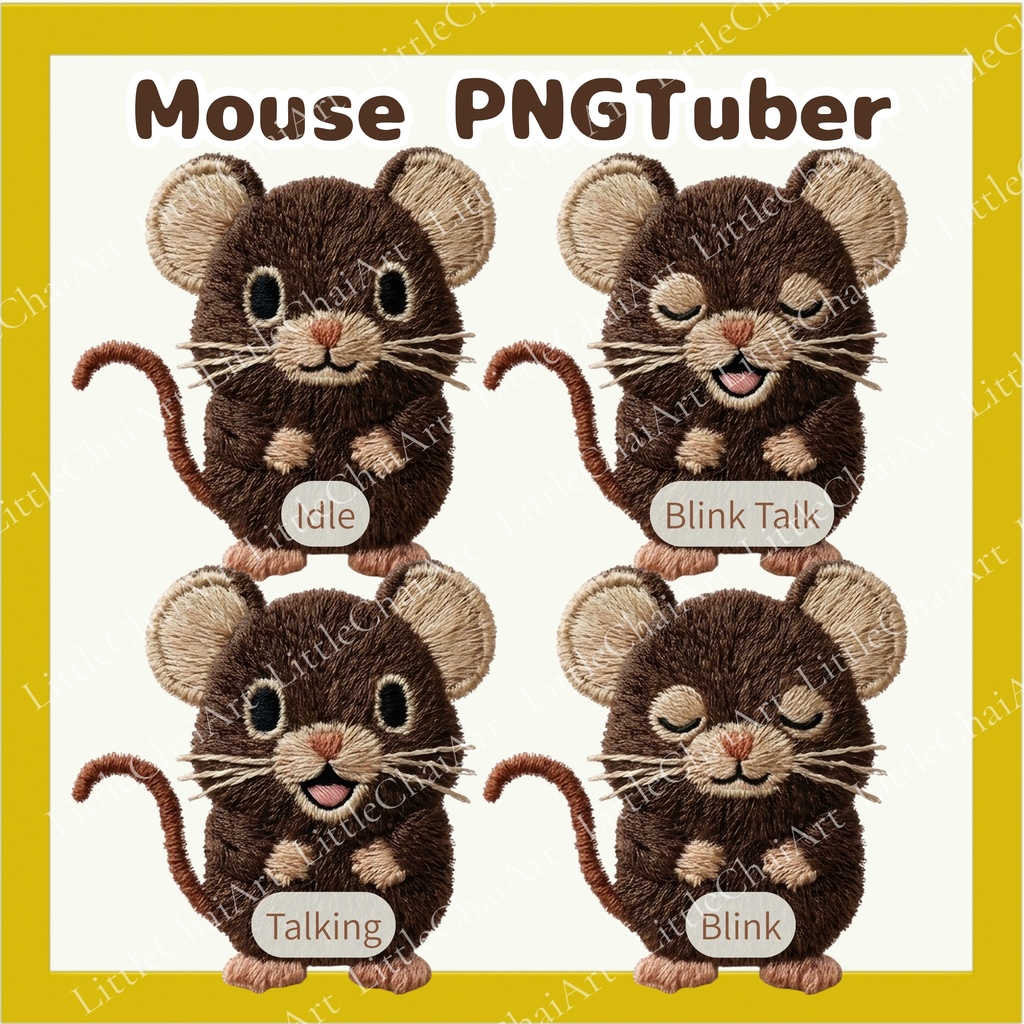 Veadotube対応 刺繍風 ネズミ PNGTuber素材 - 4表情セット / Mouse PNGTuber - Cute Kawaii Avatar