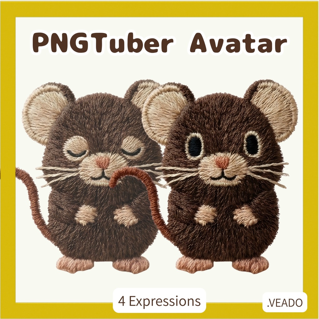 Veadotube対応 刺繍風 ネズミ PNGTuber素材 - 4表情セット / Mouse PNGTuber - Cute Kawaii Avatar