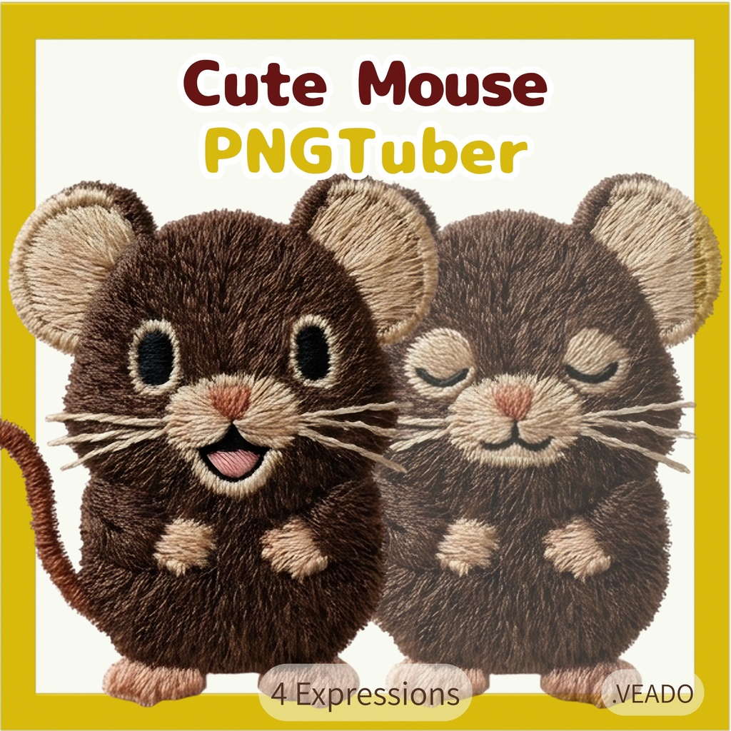 Veadotube対応 刺繍風 ネズミ PNGTuber素材 - 4表情セット / Mouse PNGTuber - Cute Kawaii Avatar