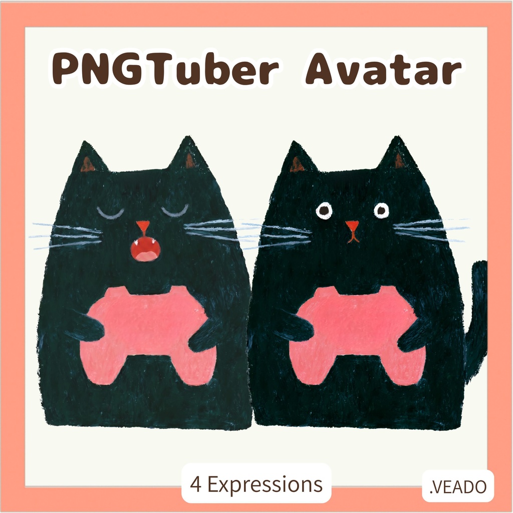 Veadotube対応 絵本風 黒猫ゲーマー PNGTuber素材 - 4表情セット / Black Cat Gamer PNGTuber - Cute Kawaii Avatar