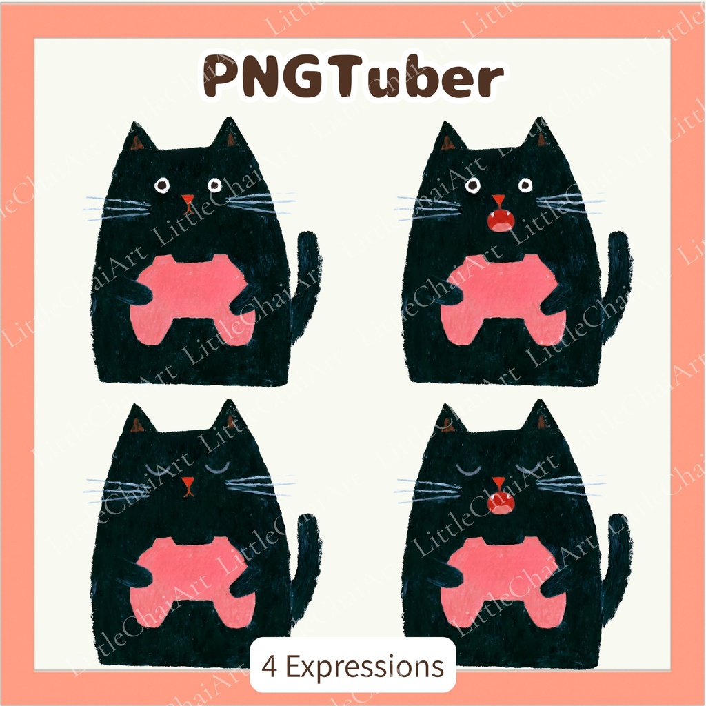 Veadotube対応 絵本風 黒猫ゲーマー PNGTuber素材 - 4表情セット / Black Cat Gamer PNGTuber - Cute Kawaii Avatar