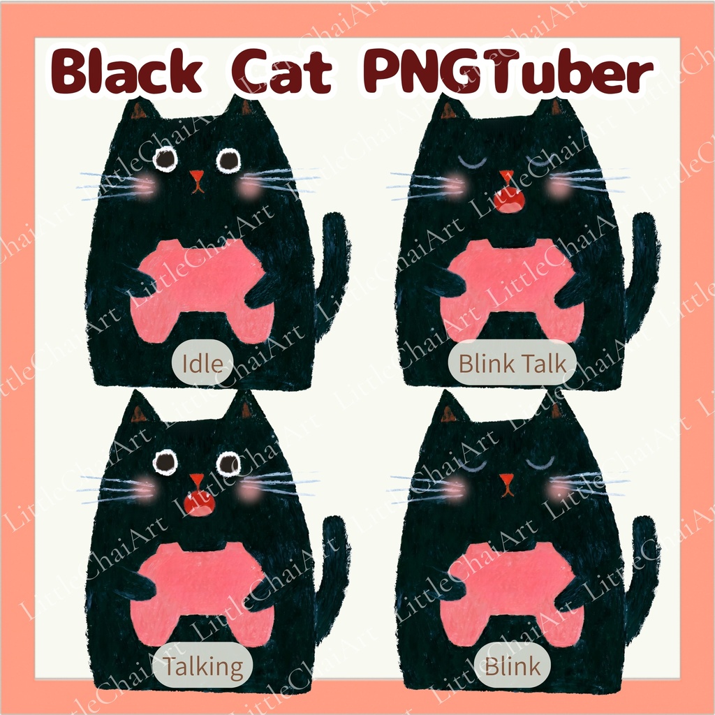 Veadotube対応 絵本風 黒猫ゲーマー PNGTuber素材 - 4表情セット / Black Cat Gamer PNGTuber - Cute Kawaii Avatar