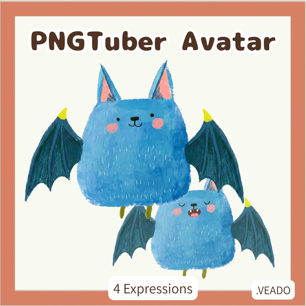 Veadotube対応 絵本風 コウモリ PNGTuber素材 - 4表情セット / Bat PNGTuber - Cute Kawaii Avatar