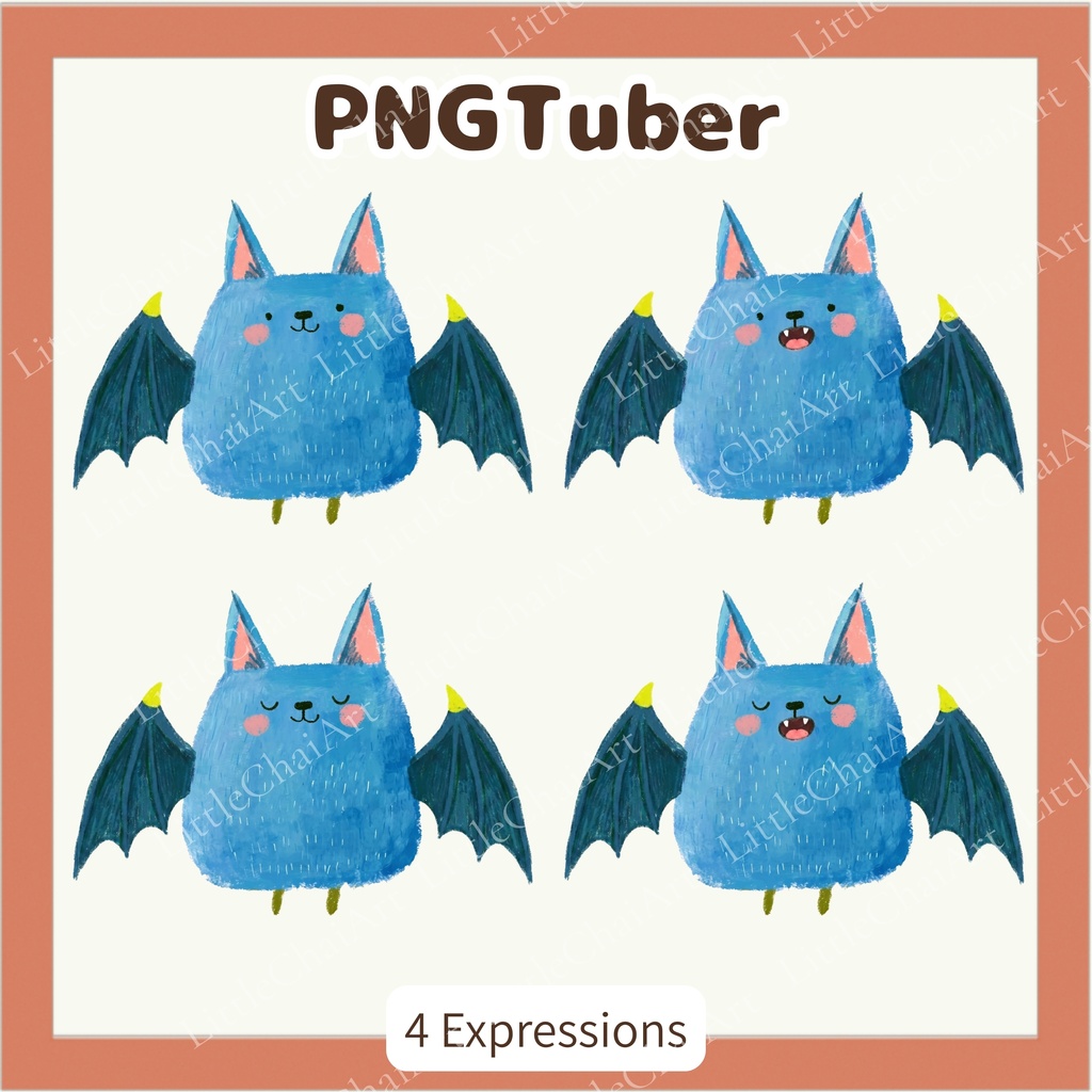 Veadotube対応 絵本風 コウモリ PNGTuber素材 - 4表情セット / Bat PNGTuber - Cute Kawaii Avatar