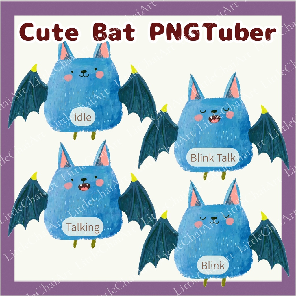 Veadotube対応 絵本風 コウモリ PNGTuber素材 - 4表情セット / Bat PNGTuber - Cute Kawaii Avatar
