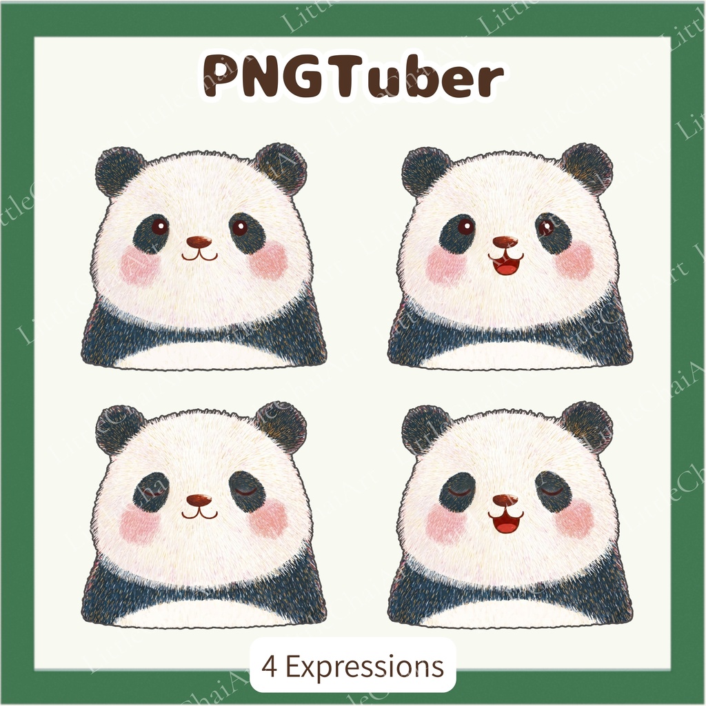 Veadotube対応 絵本風 パンダ PNGTuber素材 - 4表情セット / Panda PNGTuber - Cute Kawaii Avatar