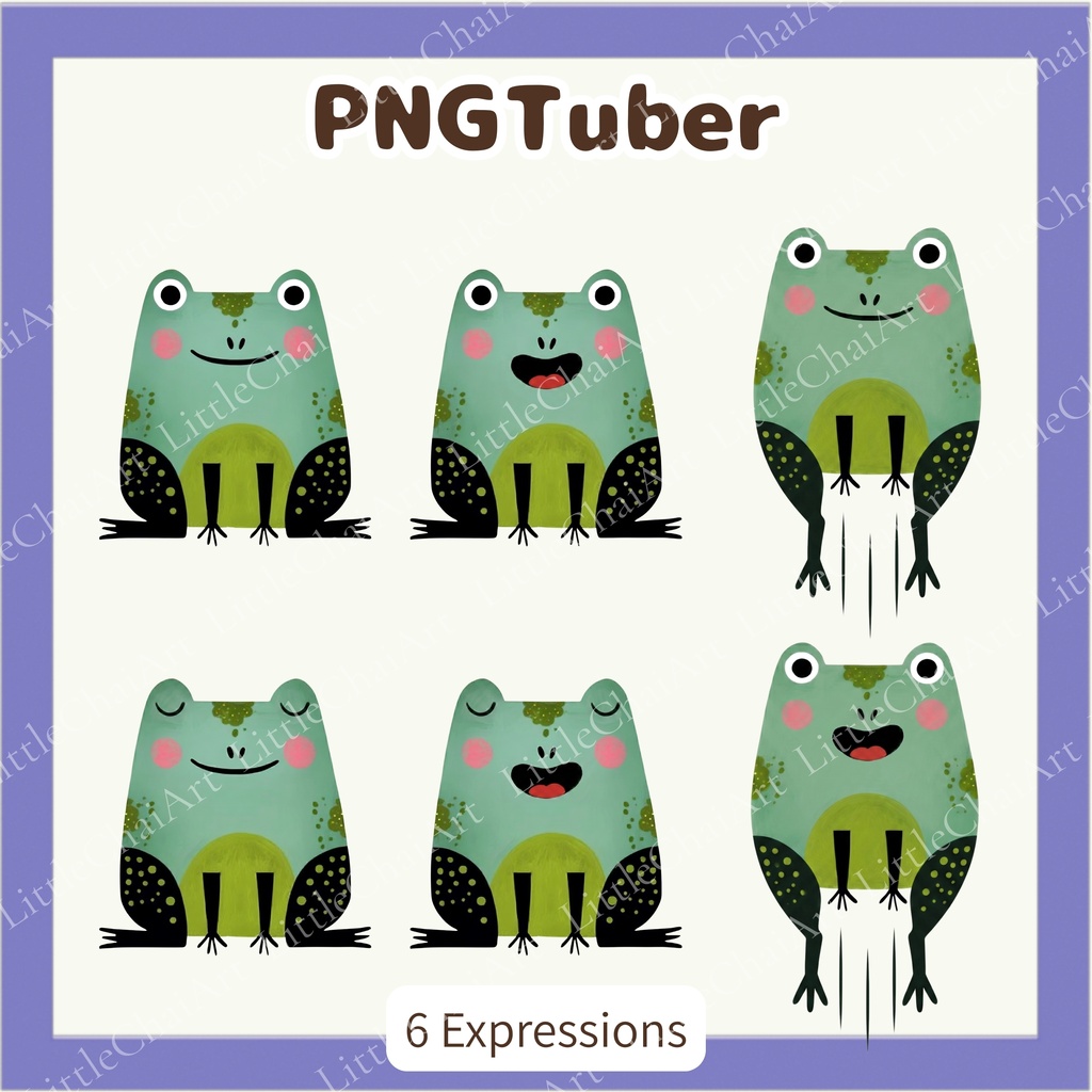 Veadotube対応 絵本風 カエル PNGTuber素材 - 6表情セット / Frog PNGTuber - Cute Kawaii Avatar
