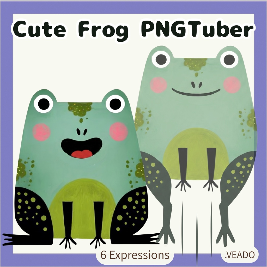 Veadotube対応 絵本風 カエル PNGTuber素材 - 6表情セット / Frog PNGTuber - Cute Kawaii Avatar