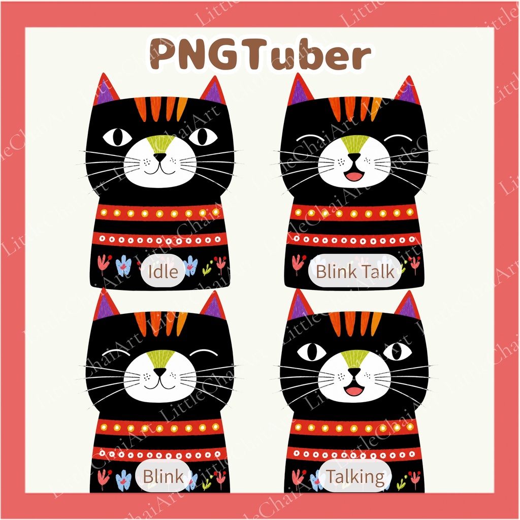 Veadotube対応 絵本風 黒猫 PNGTuber素材 - 4表情セット / Black Cat PNGTuber - Cozy Folk Art Avatar