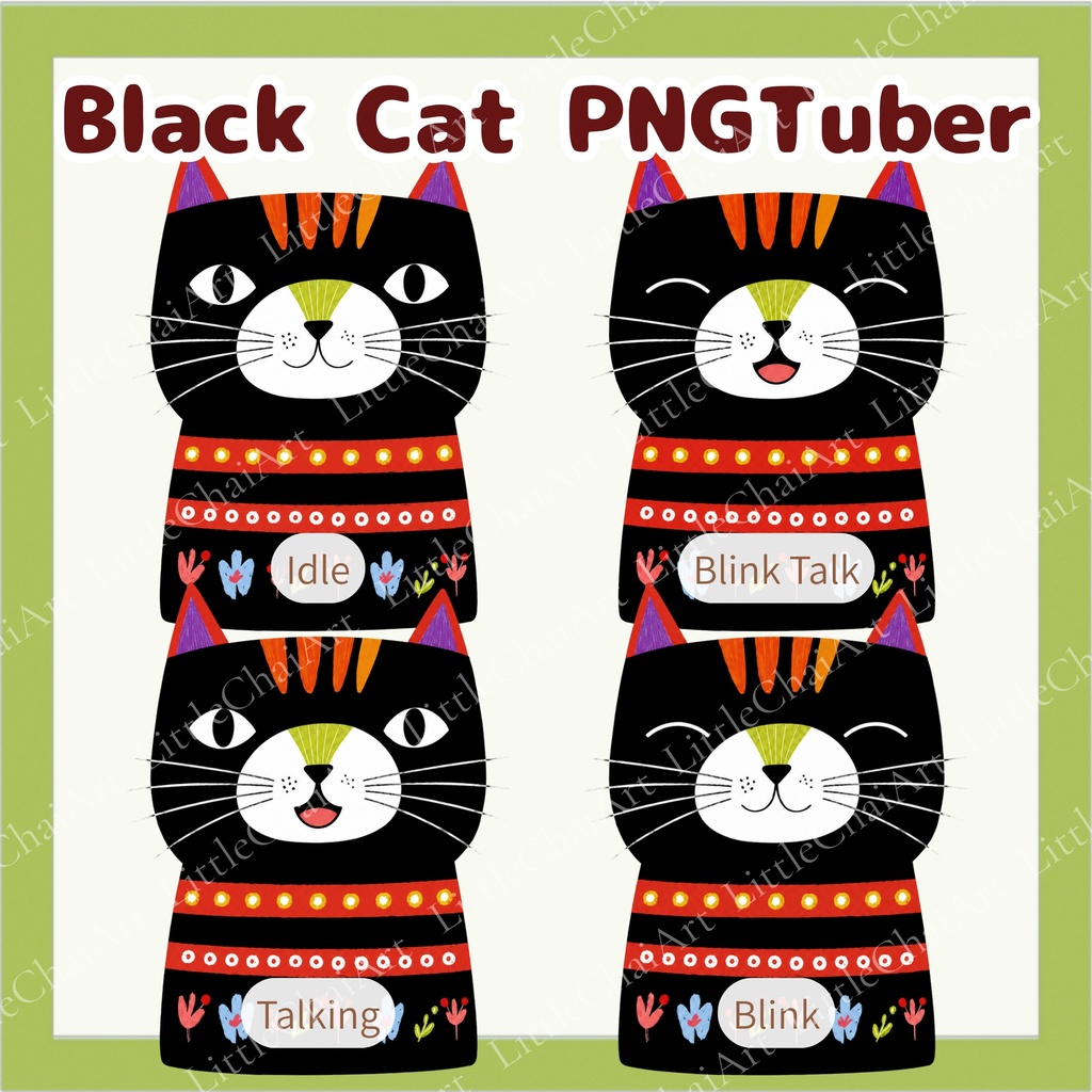 Veadotube対応 絵本風 黒猫 PNGTuber素材 - 4表情セット / Black Cat PNGTuber - Cozy Folk Art Avatar