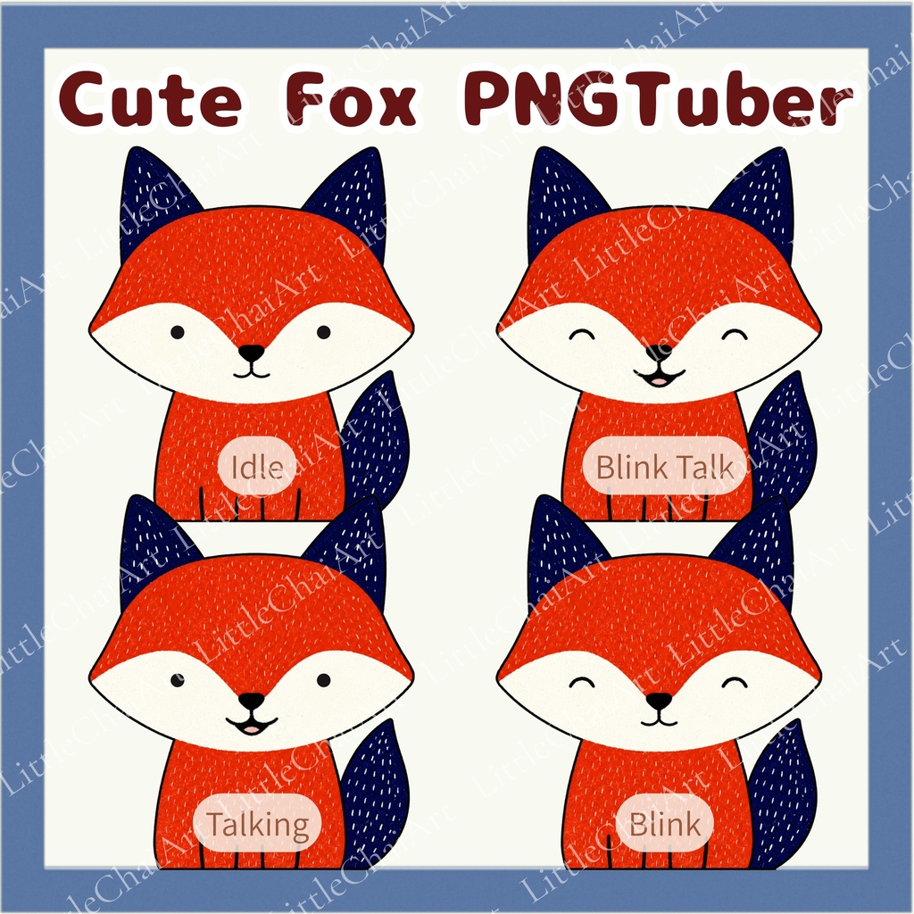 Veadotube対応 絵本風 キツネ PNGTuber素材 - 4表情セット / Fox PNGTuber - Cozy Avatar