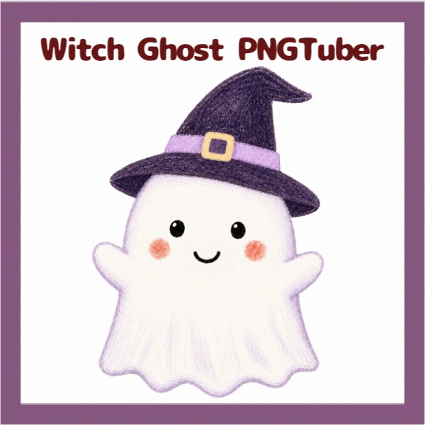 Veadotube対応 絵本風 魔女ゴースト PNGTuber素材 - 4表情セット / Witch Ghost PNGTuber - Cute Kawaii Avatar