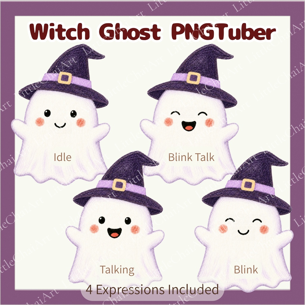 Veadotube対応 絵本風 魔女ゴースト PNGTuber素材 - 4表情セット / Witch Ghost PNGTuber - Cute Kawaii Avatar