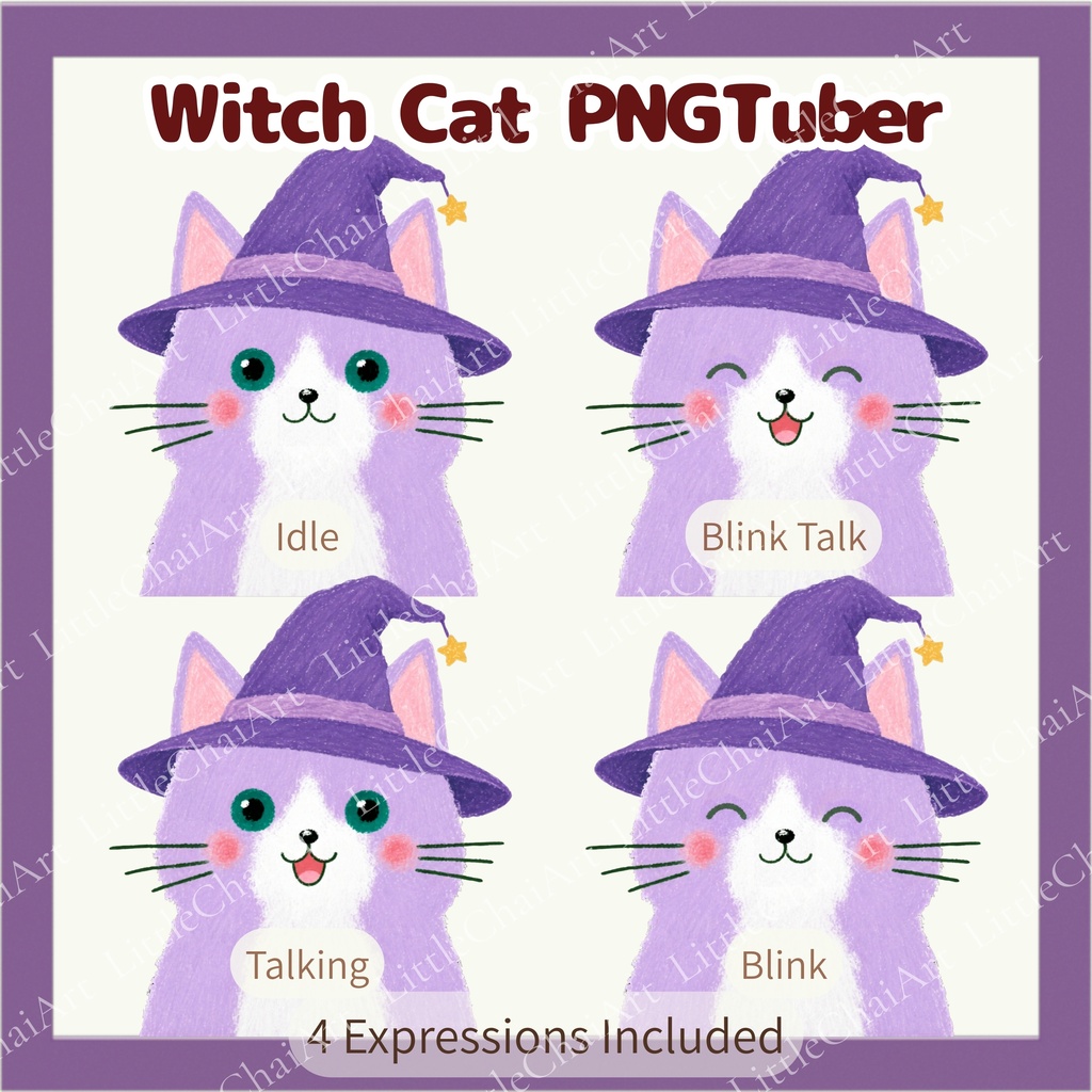 Veadotube対応 絵本風 魔女ねこ PNGTuber素材 - 4表情セット / Witch Cat PNGTuber - Cute Lavender Cat Avatar